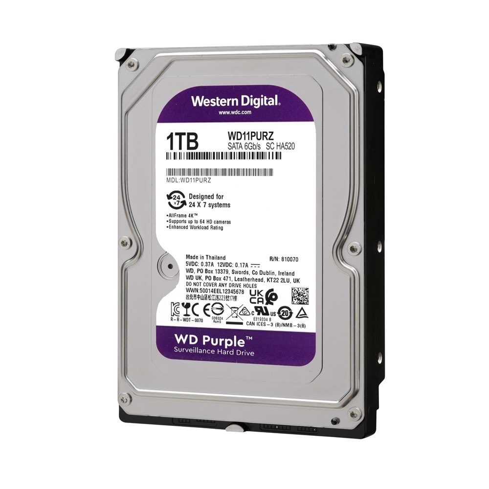 1 TB WD 3.5 PURPLE SATA3 5400RPM 64MB 7/24 GUVENLIK WD10PURZ (3 YIL RESMI DIST GARANTILI)