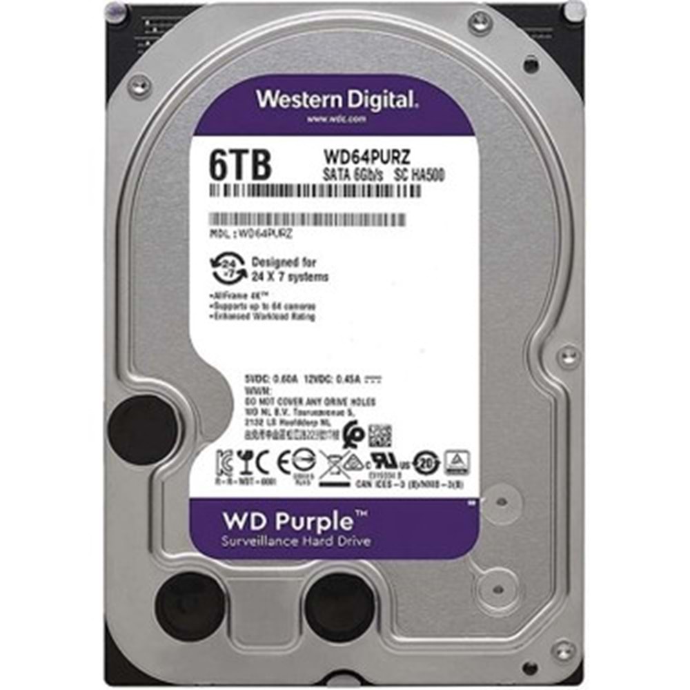 6 TB WD 3.5 PURPLE SATA3 5400RPM 256MB 7/24 GUVENLIK WD64PURZ (3 YIL RESMI DIST GARANTILI)