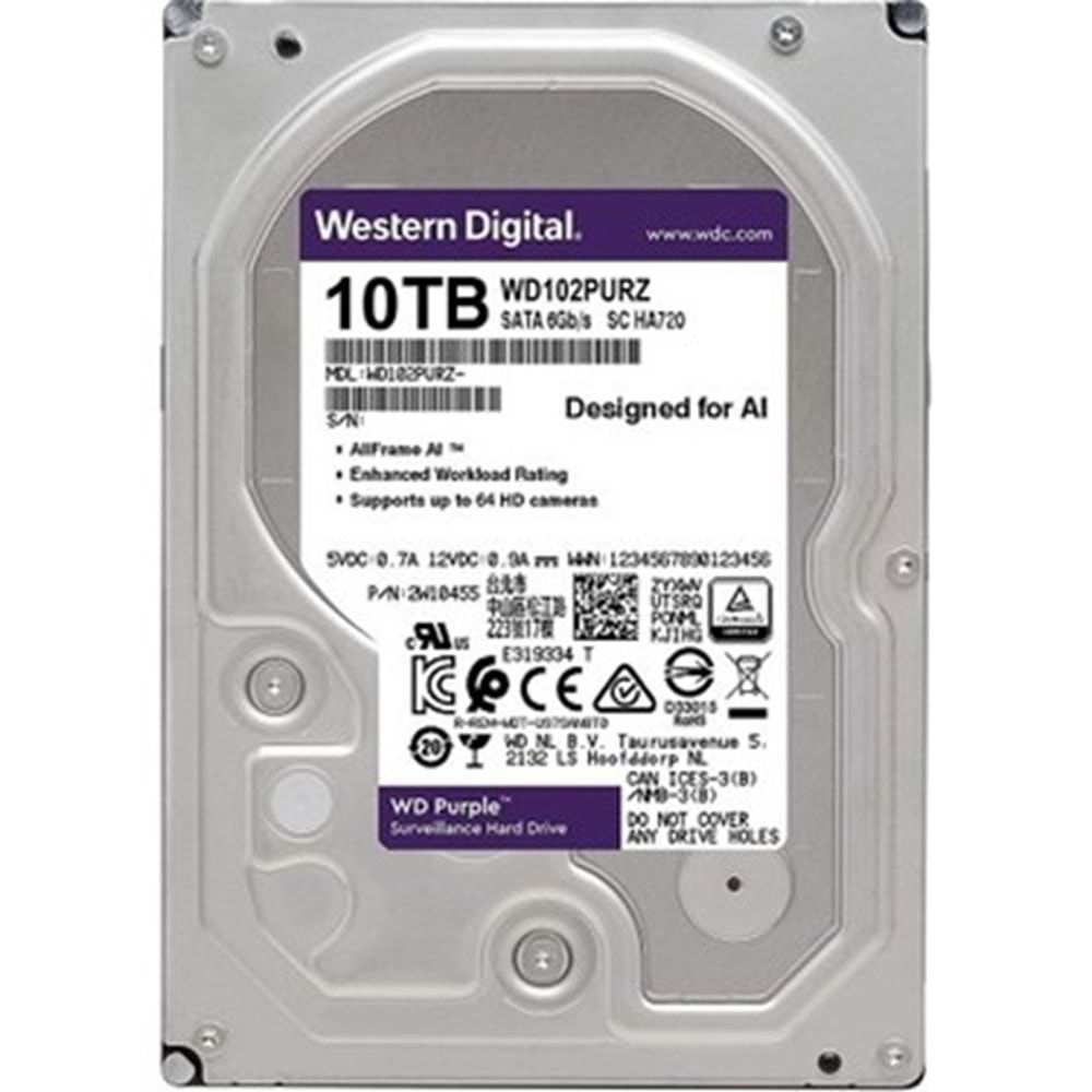10 TB WD 3.5 PURPLE PRO SATA3 7200RPM 512MB 7/24 GUVENLIK WD102PURP (3 YIL RESMI DIST GARANTILI)