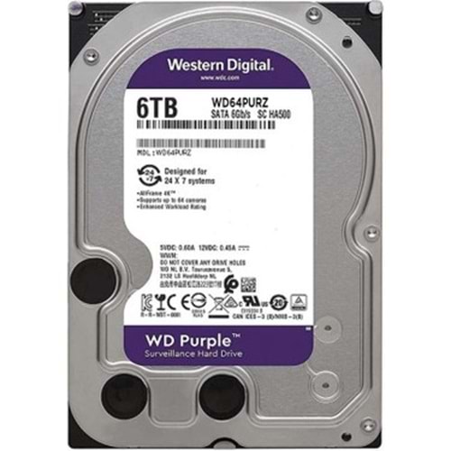 6 TB WD 3.5 PURPLE SATA3 5400RPM 256MB 7/24 GUVENLIK WD64PURZ (3 YIL RESMI DIST GARANTILI)