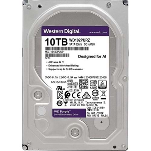10 TB WD 3.5 PURPLE PRO SATA3 7200RPM 512MB 7/24 GUVENLIK WD102PURP (3 YIL RESMI DIST GARANTILI)